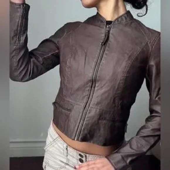 HEI HEI Anthropologie Dara Vegan Leather Moto Jacket Chocolate Brown - Picture 5 of 16